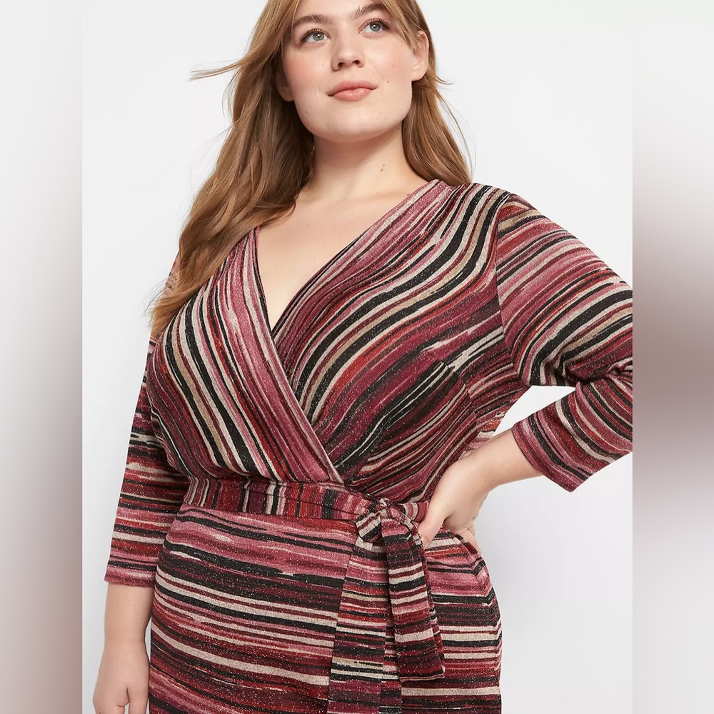 Lane Bryant Burgundy, Black & Cream Striped Midi Wrap Dress